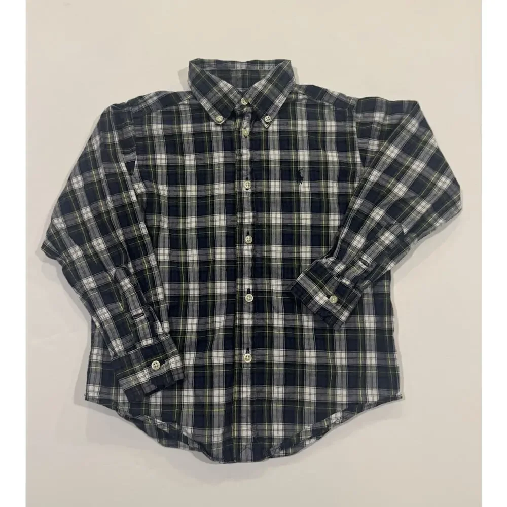 Ralph Lauren Boys Plaid Button Down Shirt 4T Navy Green Cotton Logo